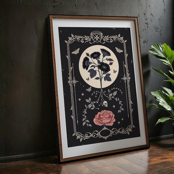 Moonlit Gothic Black Rose Skull Floral Victorian Dark Art Poster