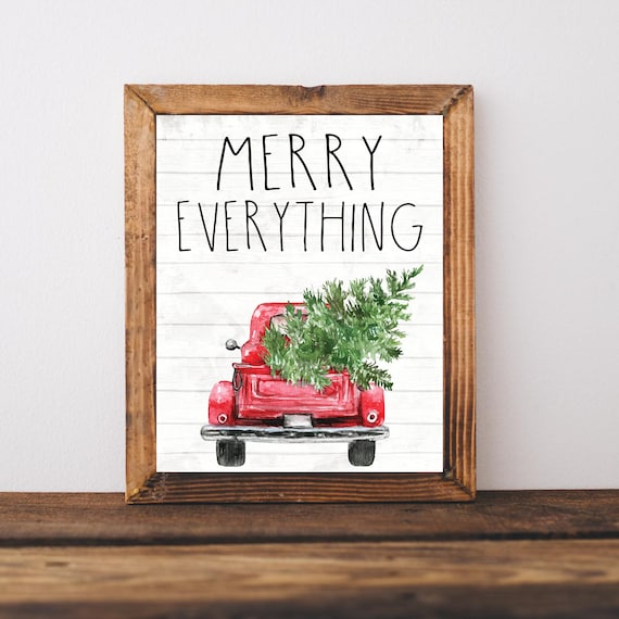 Merry Everything Red Truck Hauling Christmas Tree Art Poster