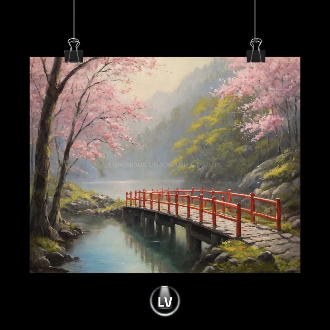 Cherry Blossom Red Bridge Misty Mountain Stream Japanese Style Poster