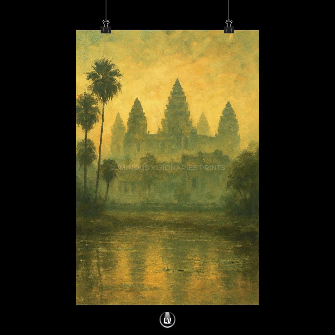 Angkor Wat Temple Golden Sunset Mist Vintage Painting Poster
