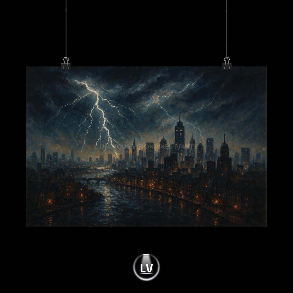 Stormy City Night Lightning Oil Painting Dark Dramatic Wall Art