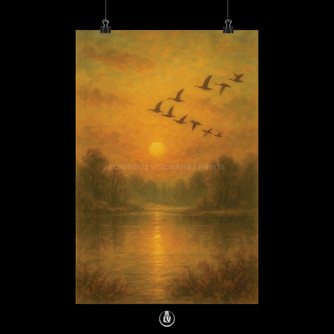 Geese Flying at Sunset Over River Vintage Oil Painting Poster