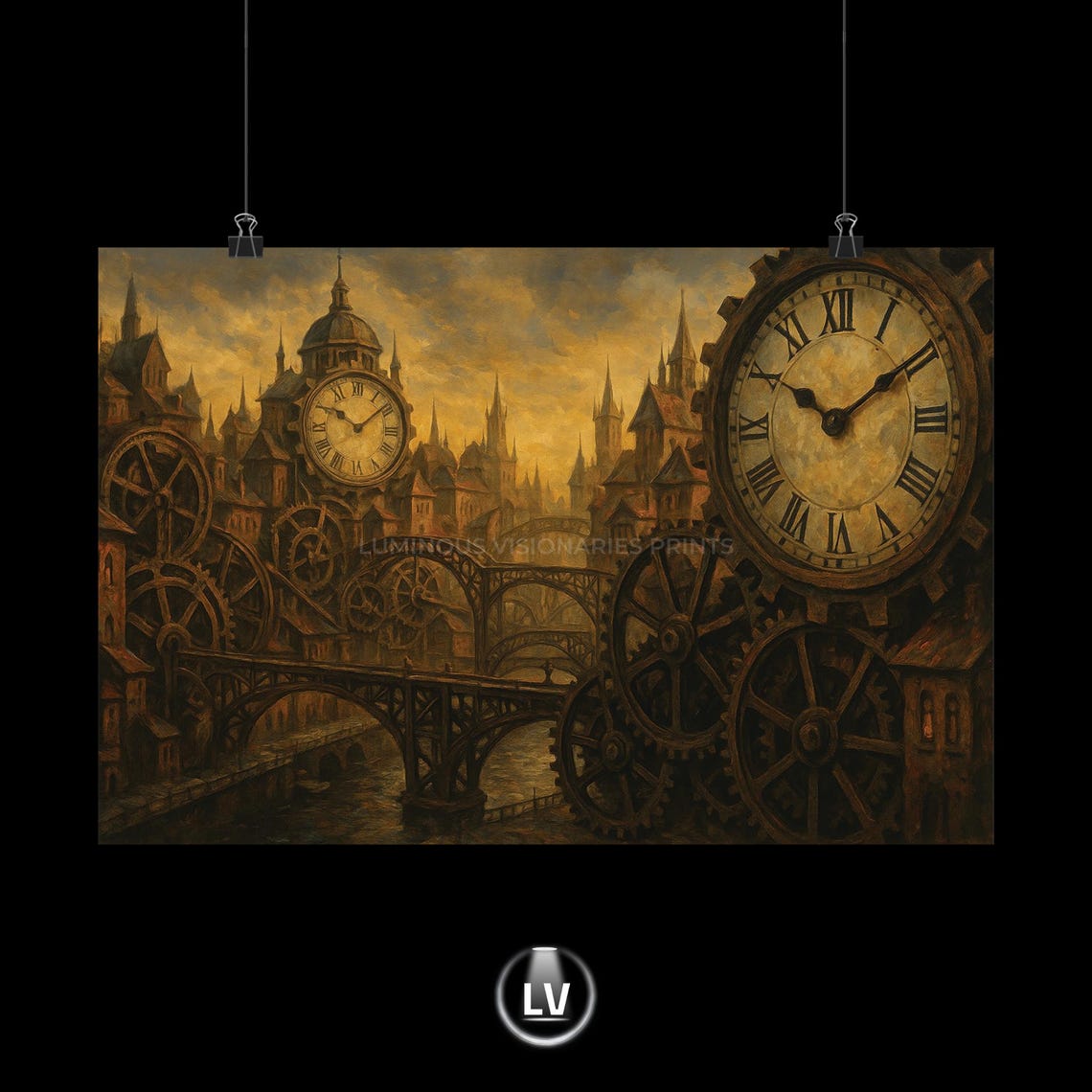 Steampunk Clockwork City Giant Gears and Clocks Fantasy Art Poster
