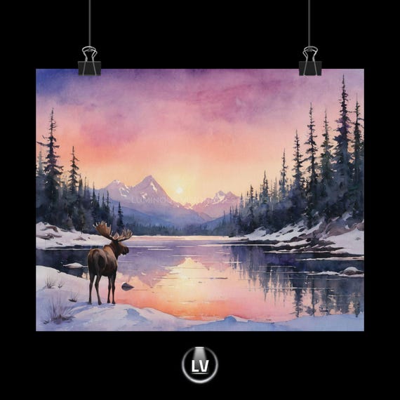 Serene Nature Poster Tranquil Sunset Landscape Art Wildlife Wall Decor For Home Mountain And Moose Print Lover Apls 270