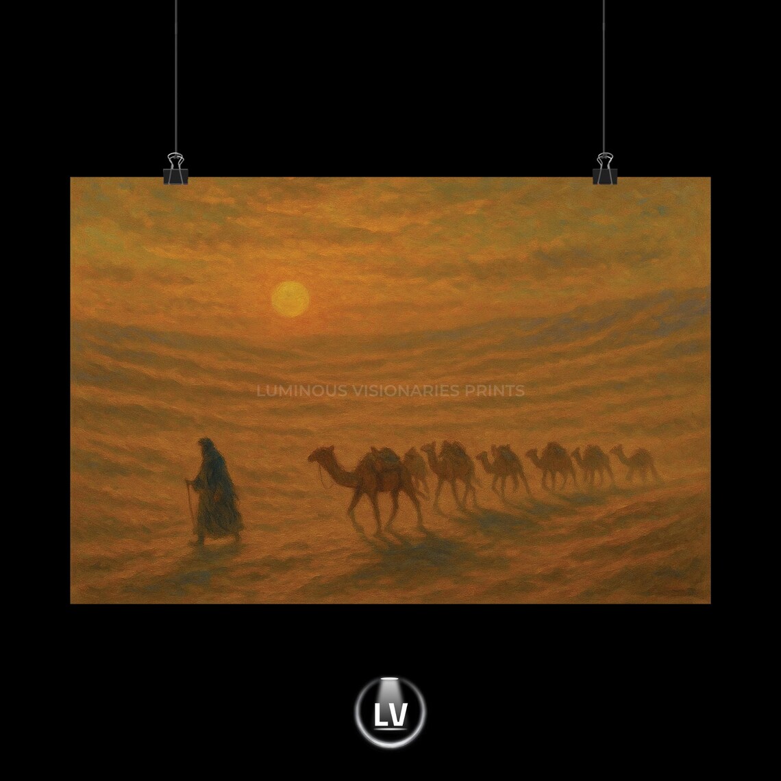 Desert Camel Caravan Crossing Dunes at Sunset Vintage Painting Poster