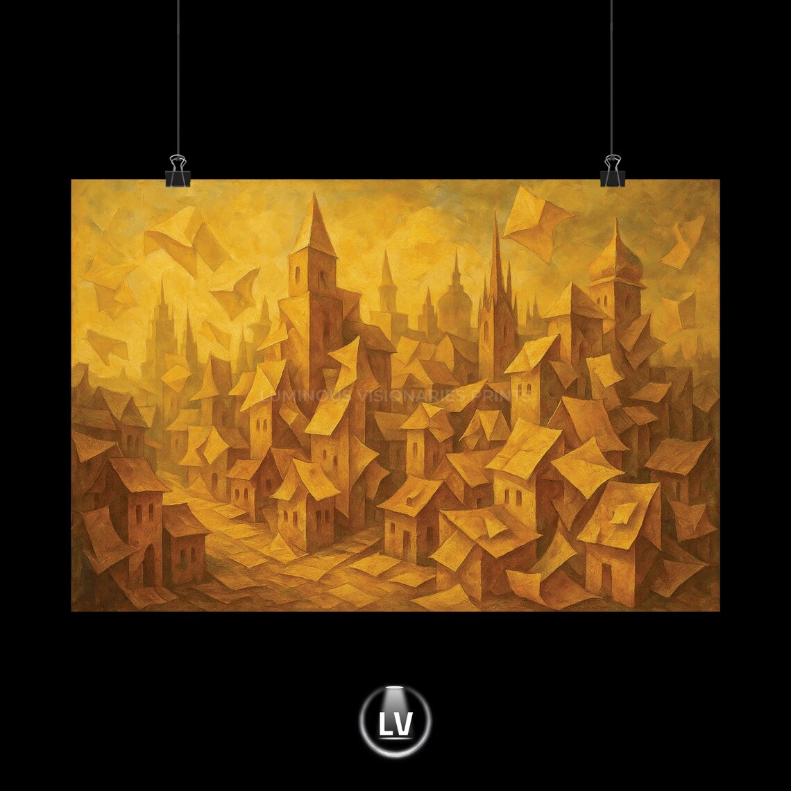 Golden Fantasy Old Town Cubist Cityscape Warm Tones Art Poster