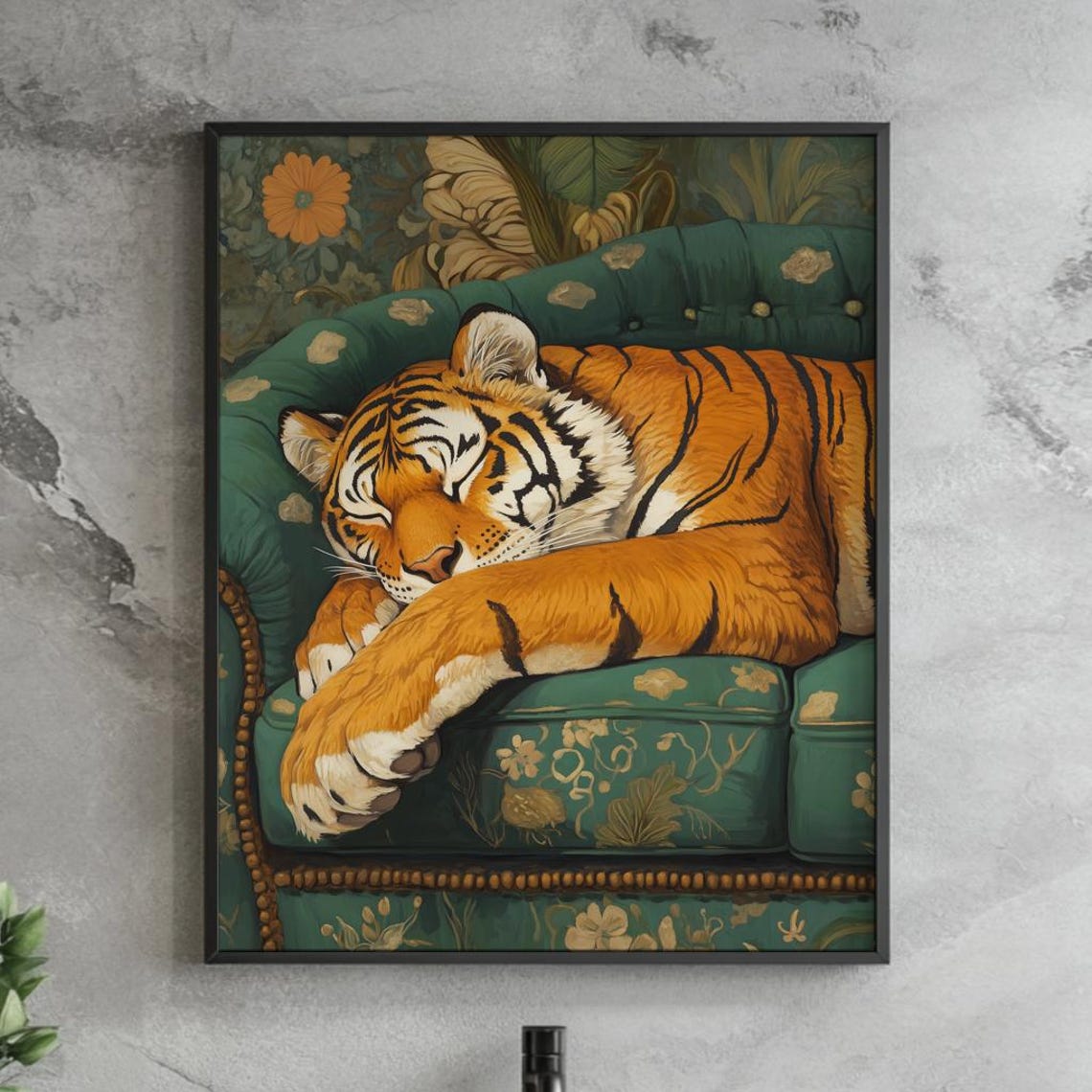 Sleeping Tiger Green Vintage Couch Cozy Jungle Animal Poster