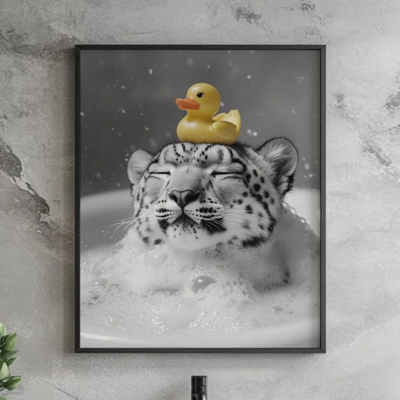 Funny Snow Leopard Bath Print Black And White Bubble Wall Art Quirky Big Cat Poster Rubber Duck Bathroom Decor