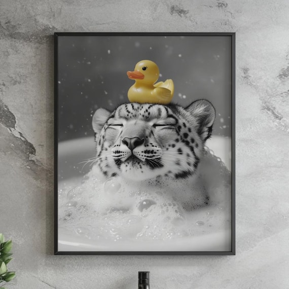 Snow Leopard Bubble Bath With Rubber Duck Funny Big Cat Poster