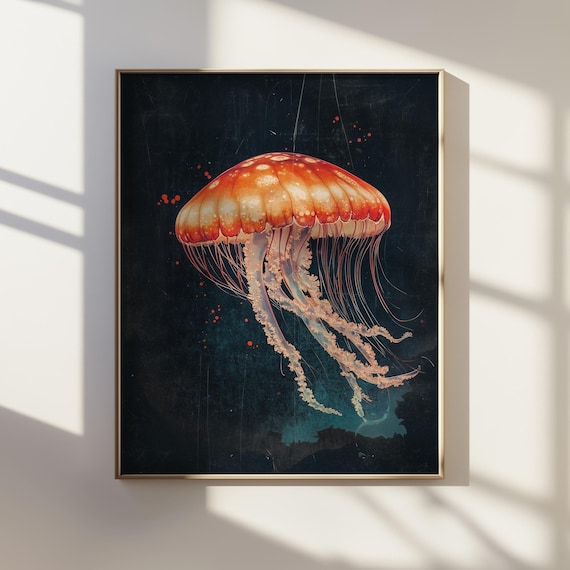 Ukiyoe Style Jellyfish Portrait Japanese Ink Art Of Graceful Fluid Animal Wall Ocean Wildlife Decor For Home