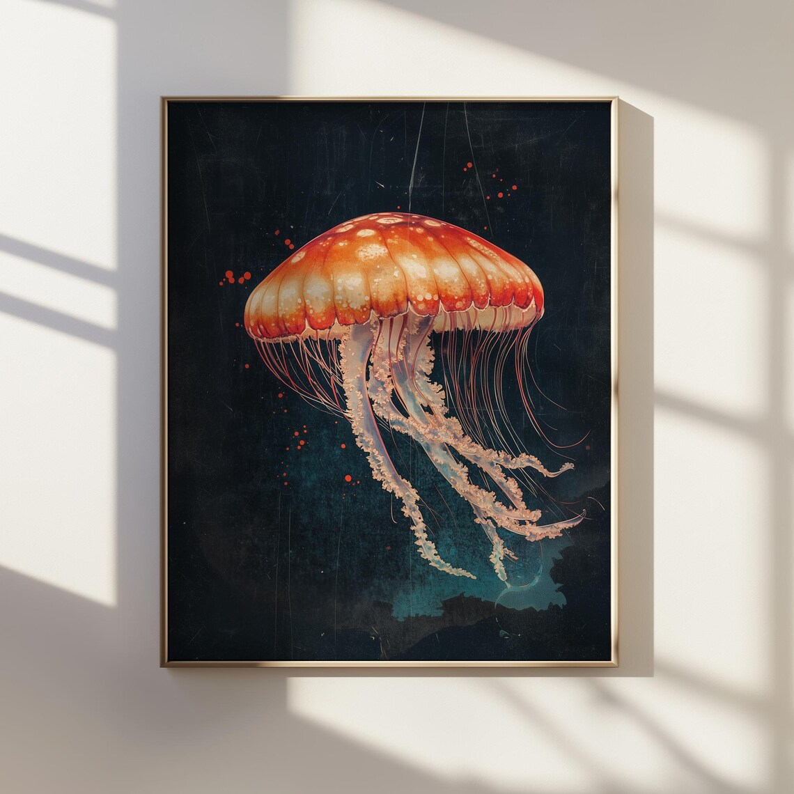 Red Jellyfish Ocean Art Japanese Ink Painting Marine Life Poster