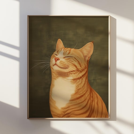 Smiling Orange Tabby Cat Portrait Ukiyo E Style Peaceful Animal Poster