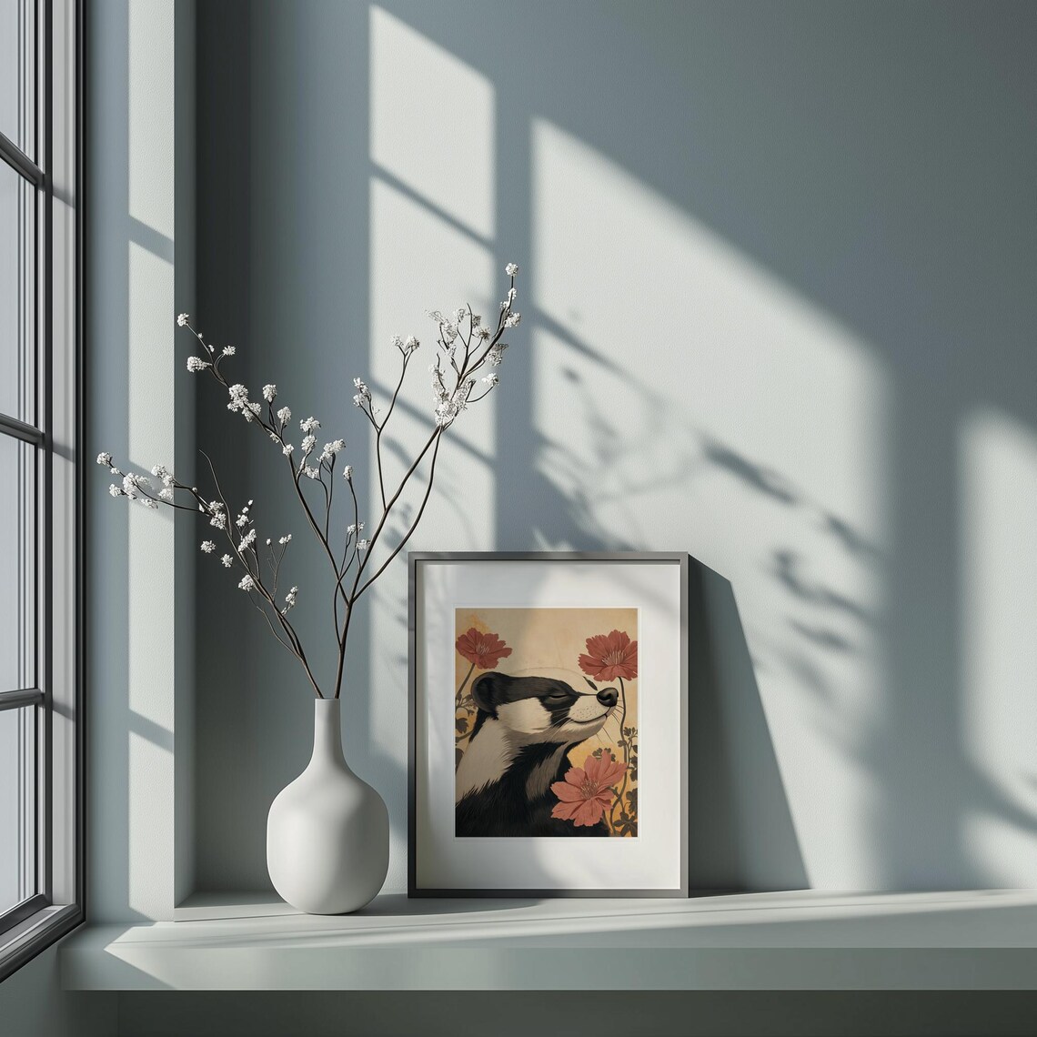 Serene Badger Portrait Red Flowers Ochre Wild Animal Art Poster - Image 5