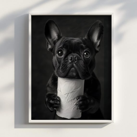 Le Roll French Bulldog With Toilet Paper Funny Dog Photography Print Black And White Pet Portrait Quirky Wall Art