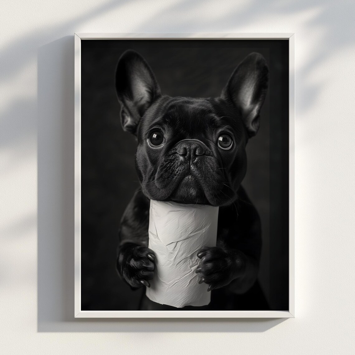 French Bulldog Holding Toilet Paper Black And White Dog Photo Poster