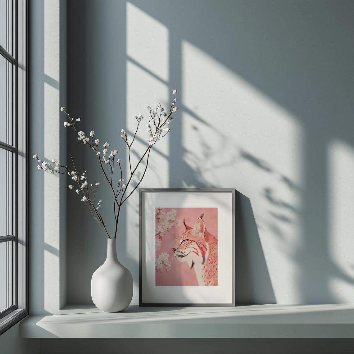 Elegant Pink Lynx Profile Cherry Blossom Floral Wild Cat Art Poster - Image 5