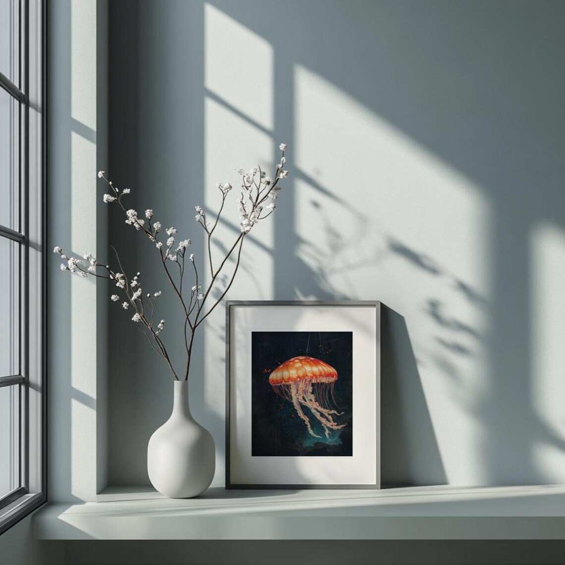 Red Jellyfish Ocean Art Japanese Ink Painting Marine Life Poster - Image 2