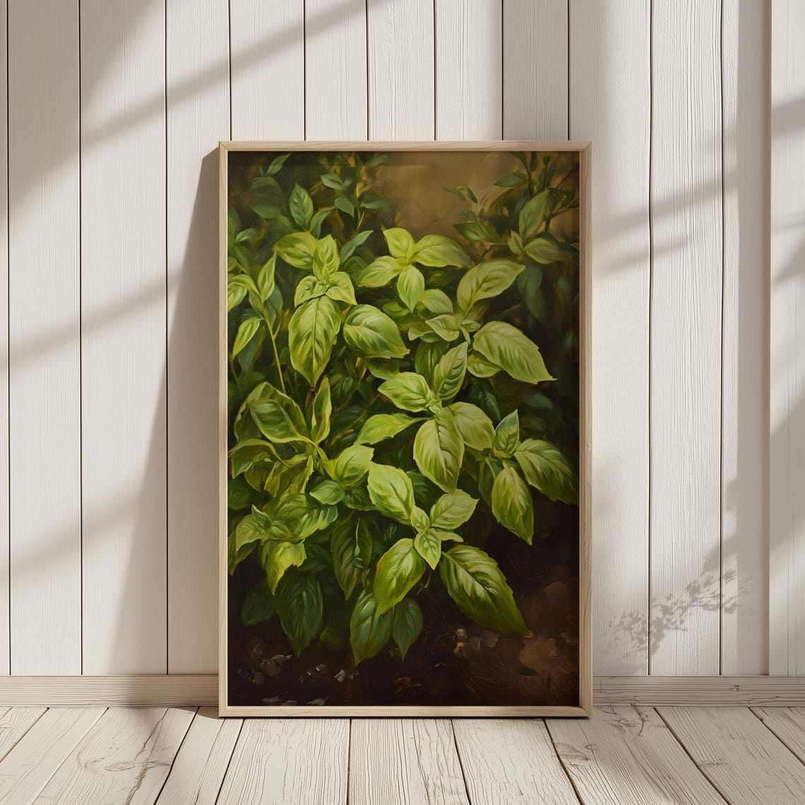 Fresh Basil Leaves Herb Garden Oil Painting Kitchen Wall Art