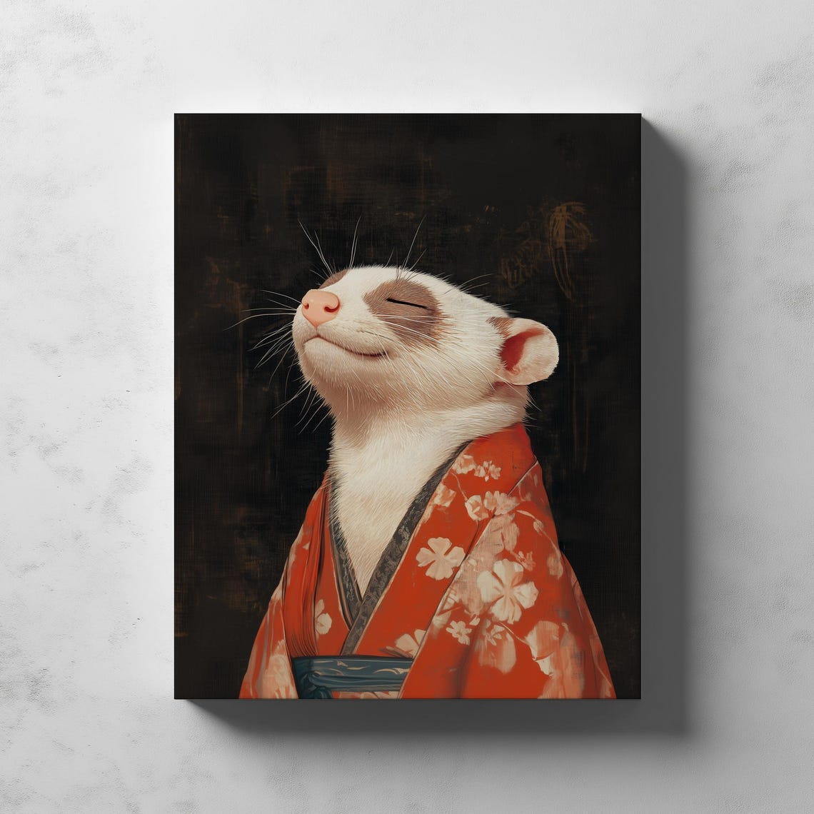 Blissful Ferret in Red Kimono Serene Portrait Dark Floral Art Poster - Image 2