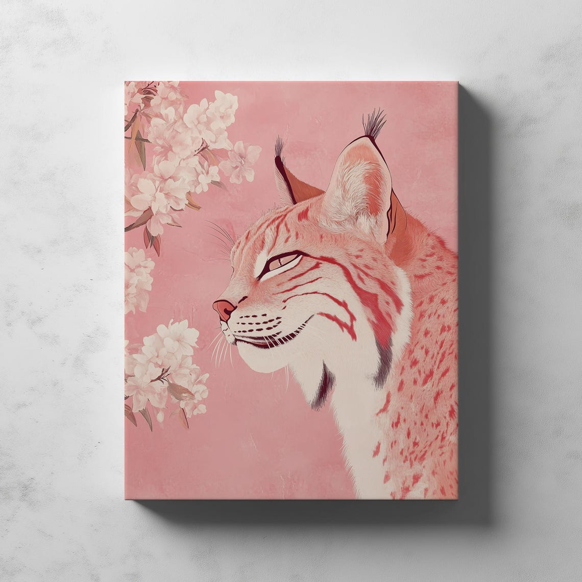 Elegant Pink Lynx Profile Cherry Blossom Floral Wild Cat Art Poster - Image 2