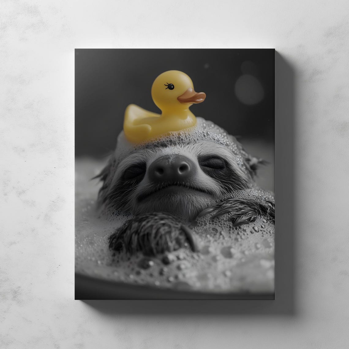 Sloth Bubble Bath With Rubber Duck Black And White Funny Poster - Image 2