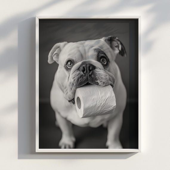 The Roll Snatcher Bulldog With Toilet Paper In Mouth Funny Dog Photography Print Quirky Pet Portrait Wall Art