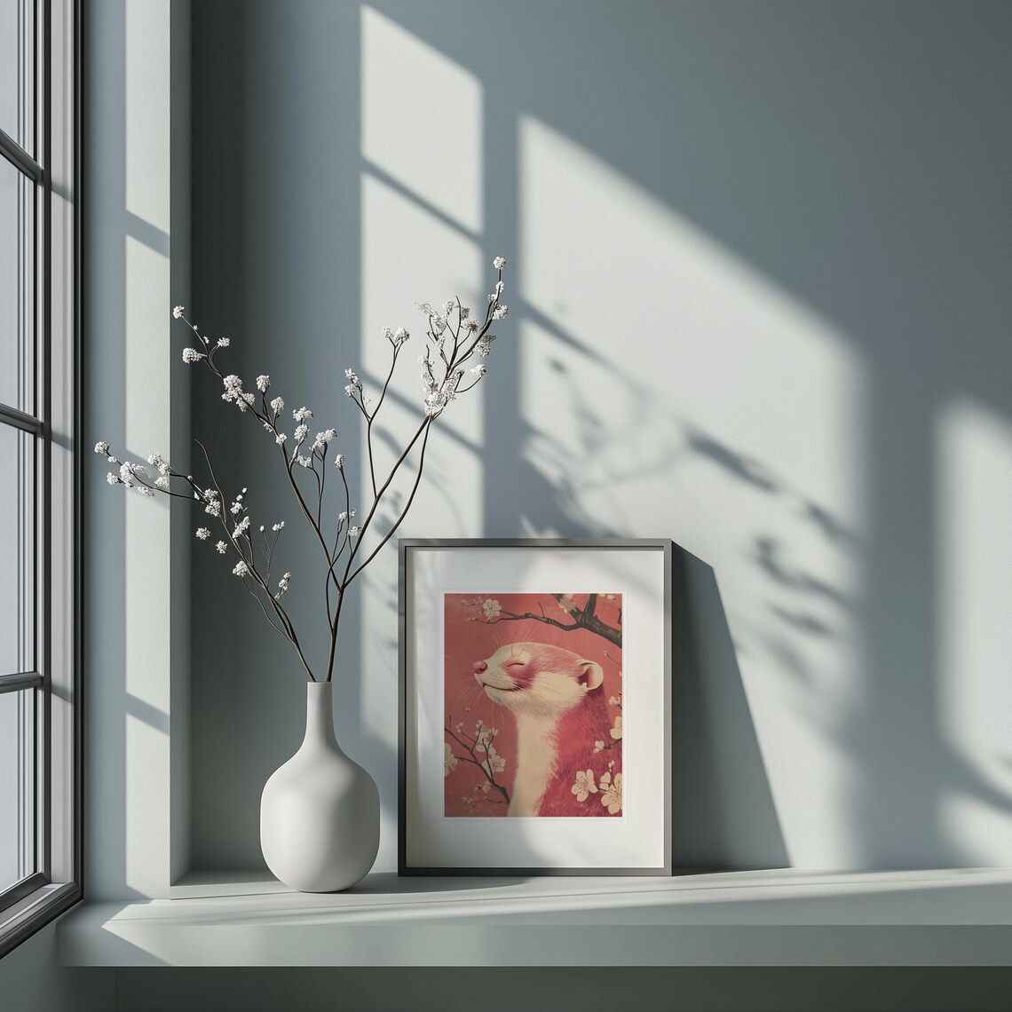 Pink Otter Cherry Blossom Red Japanese Floral Animal Art Poster - Image 4
