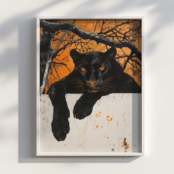 Bloodshadow Black And Red Panther Lithograph Bold Vintage Animal Art Print Minimal Jungle Cat Wall Decor