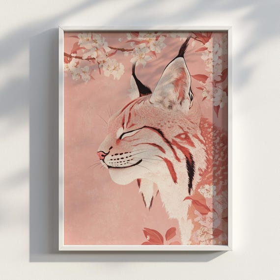 Lynx Wall Art Print In Japanese Ukiyoe Style Peaceful Pink Illustration For Zen Decor Available Multiple Sizes Portrait
