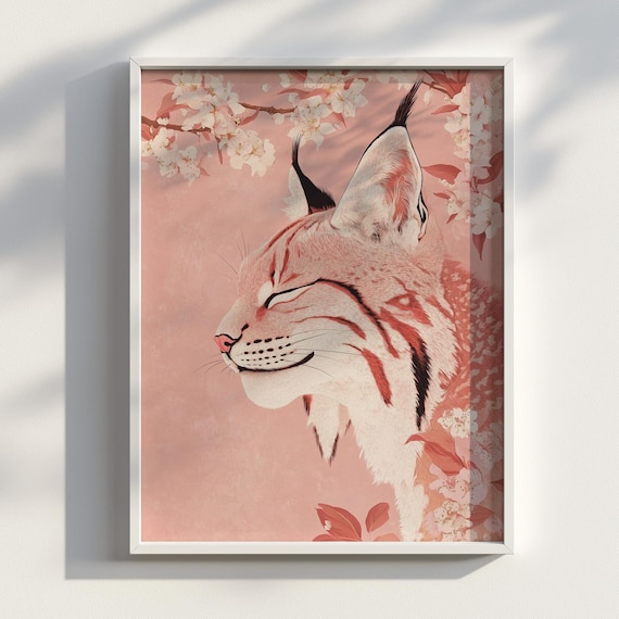 Pink Lynx Cherry Blossom Japanese Floral Wild Cat Art Poster