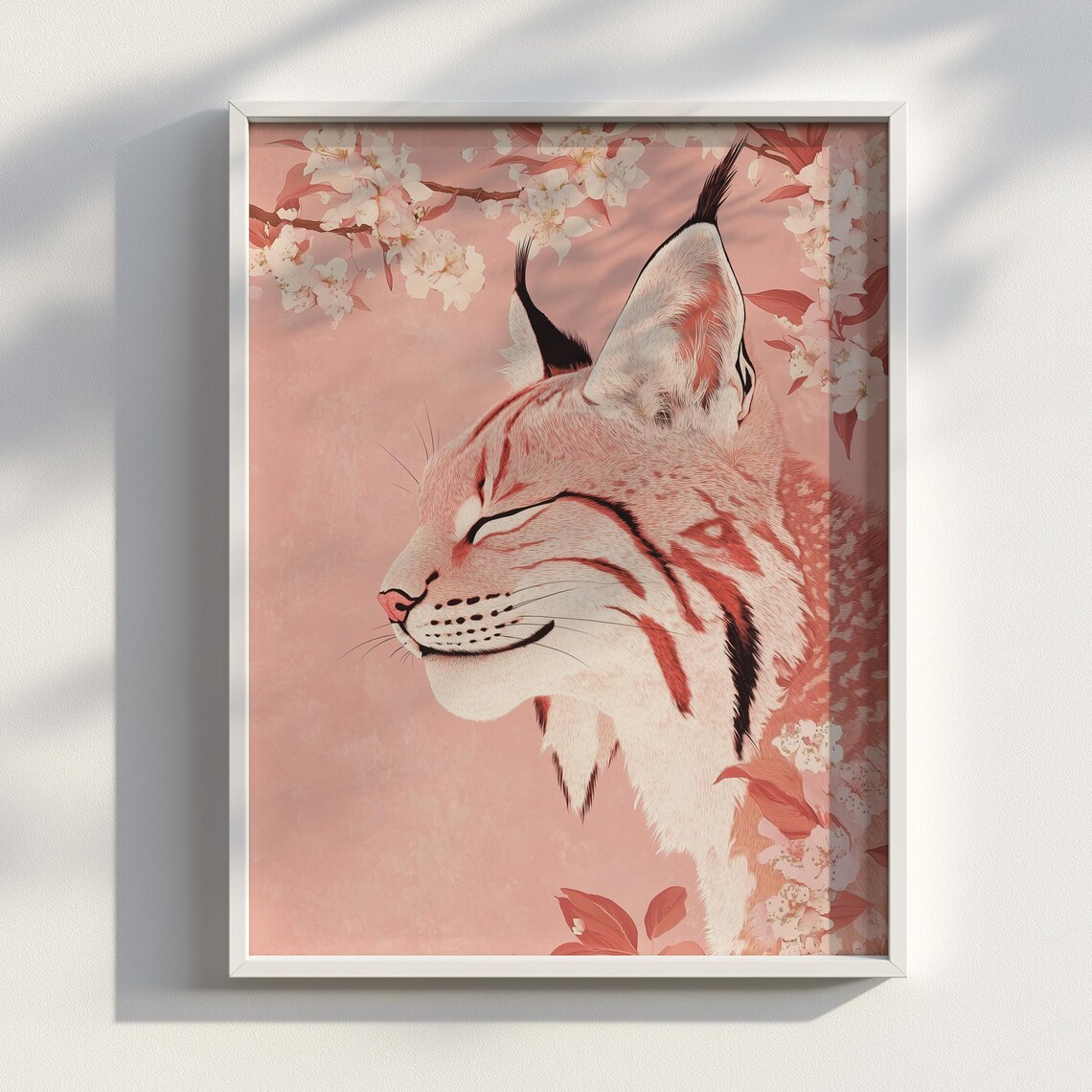 Pink Lynx Cherry Blossom Japanese Floral Wild Cat Art Poster
