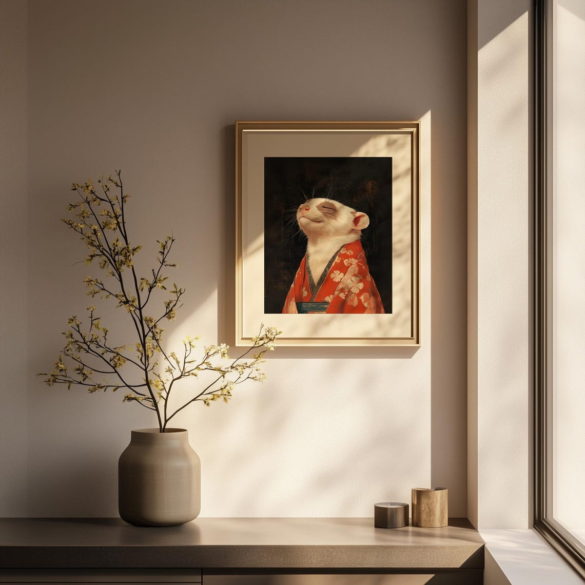 Blissful Ferret in Red Kimono Serene Portrait Dark Floral Art Poster - Image 3