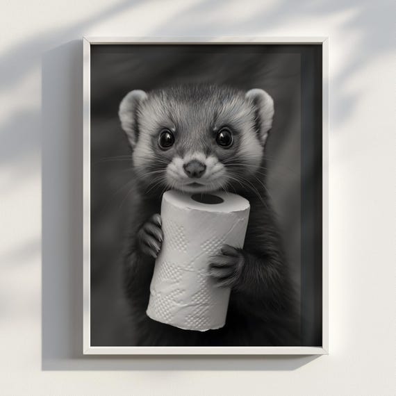 Squeak Roll Cute Ferret With Toilet Paper Funny Animal Photography Print Whimsical Pet Portrait Wall Art