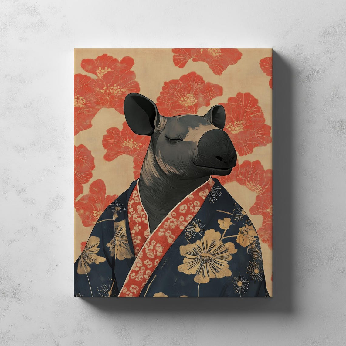 Tapir in Kimono Red Blossoms Japanese Ukiyoe Whimsy Art Poster - Image 2
