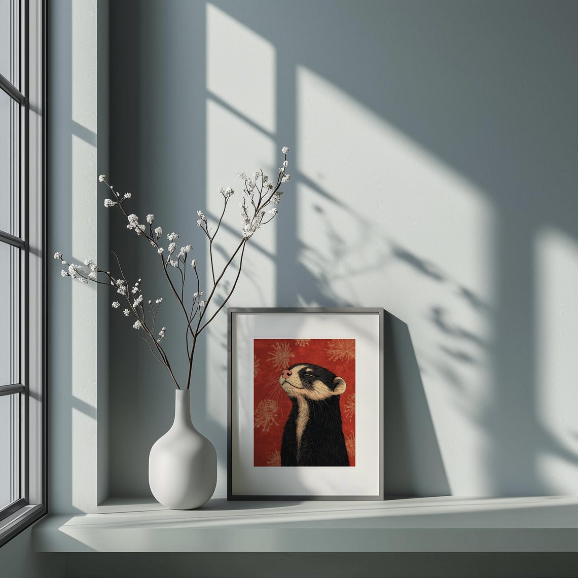Serene Black Ferret Floral Red Background Ukiyoe Style Art Poster - Image 5