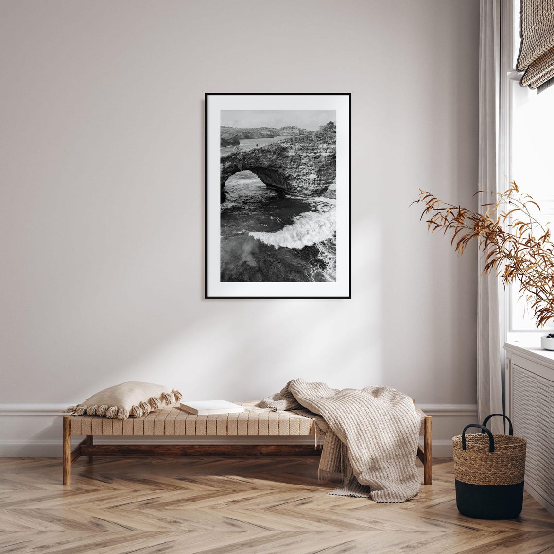 Bali Sea Arch Dramatic Coastal Cliffs Black And White Photo Poster - Image 2