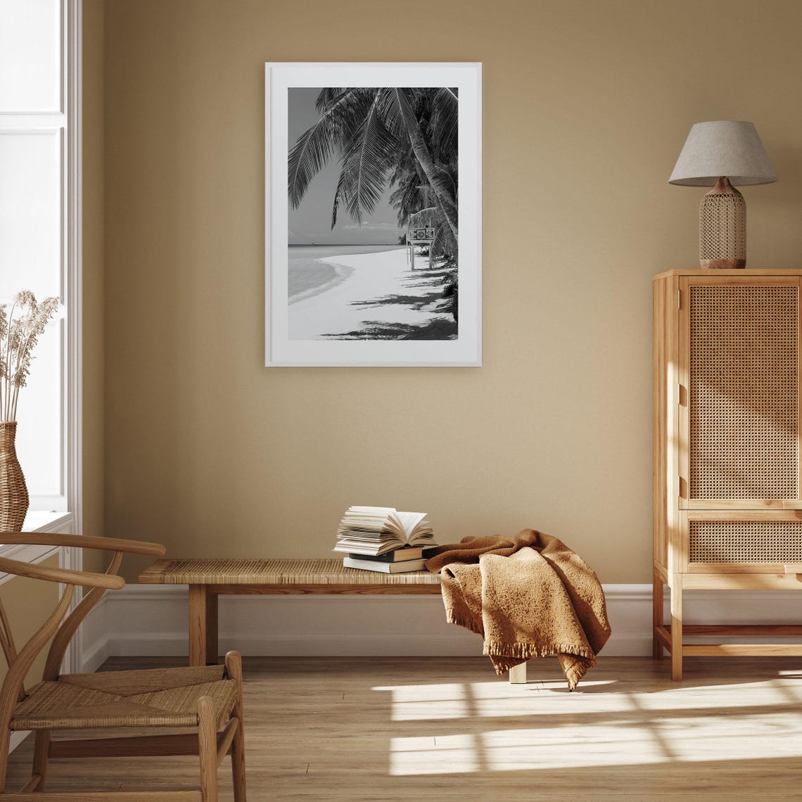 Boracay Palm Beach White Sand Shoreline Black and White Photo Poster - Image 3