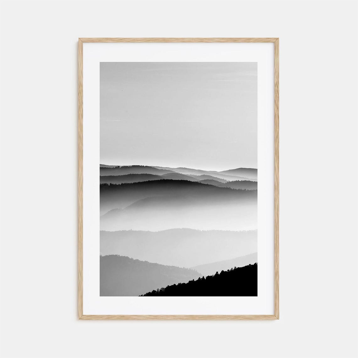 Layered Misty Mountain Ridges In Fog Minimalist Black White Poster