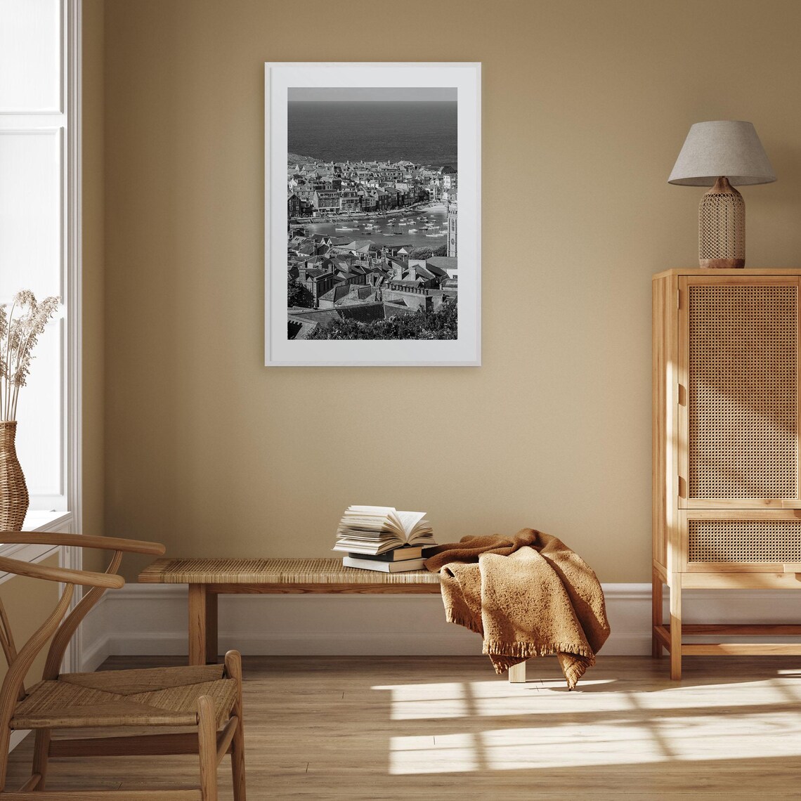 England Black And White Coastal Fishing Harbor Town Scene Poster - Image 3
