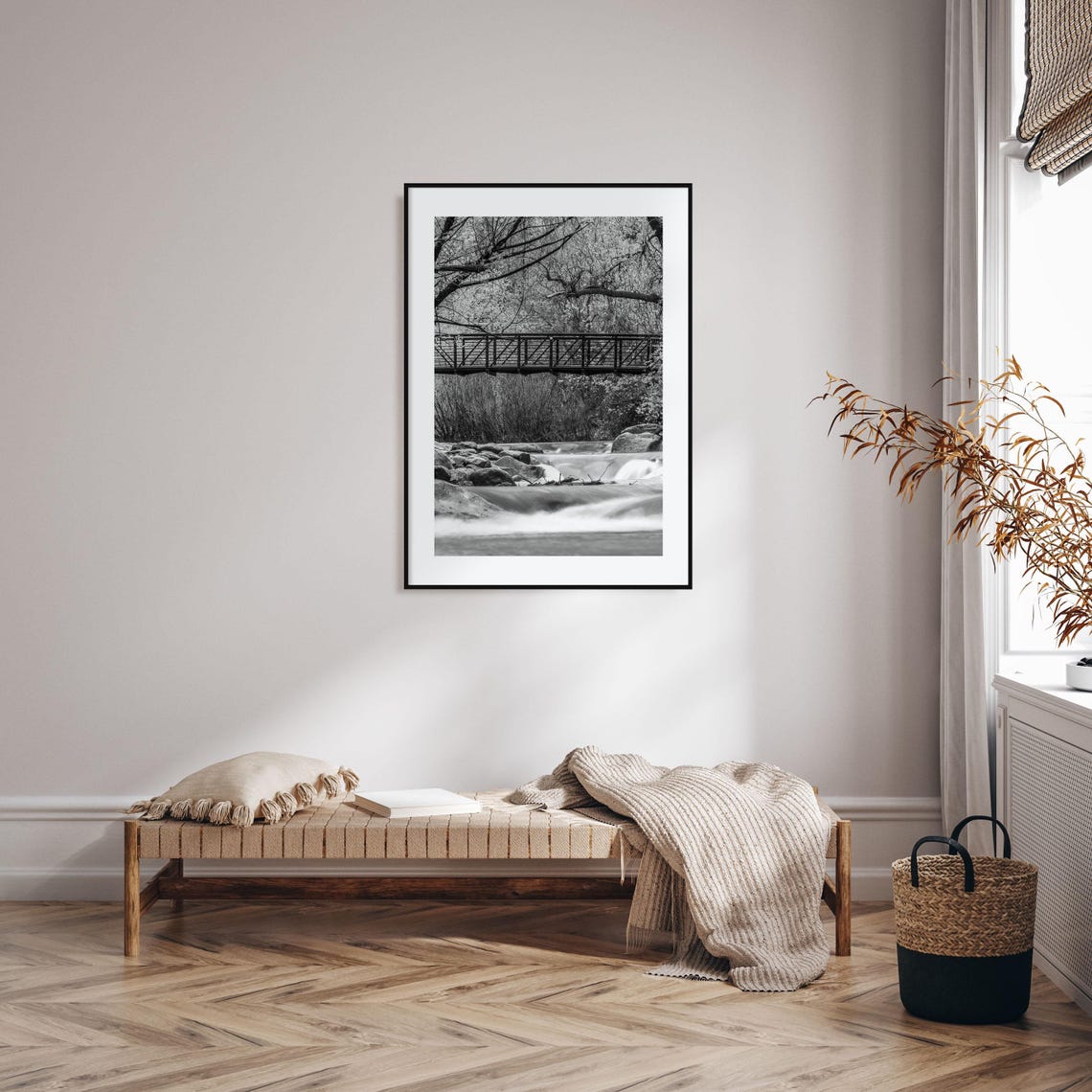 Boulder Creek Footbridge Nature Black and White Photo Poster - Image 2