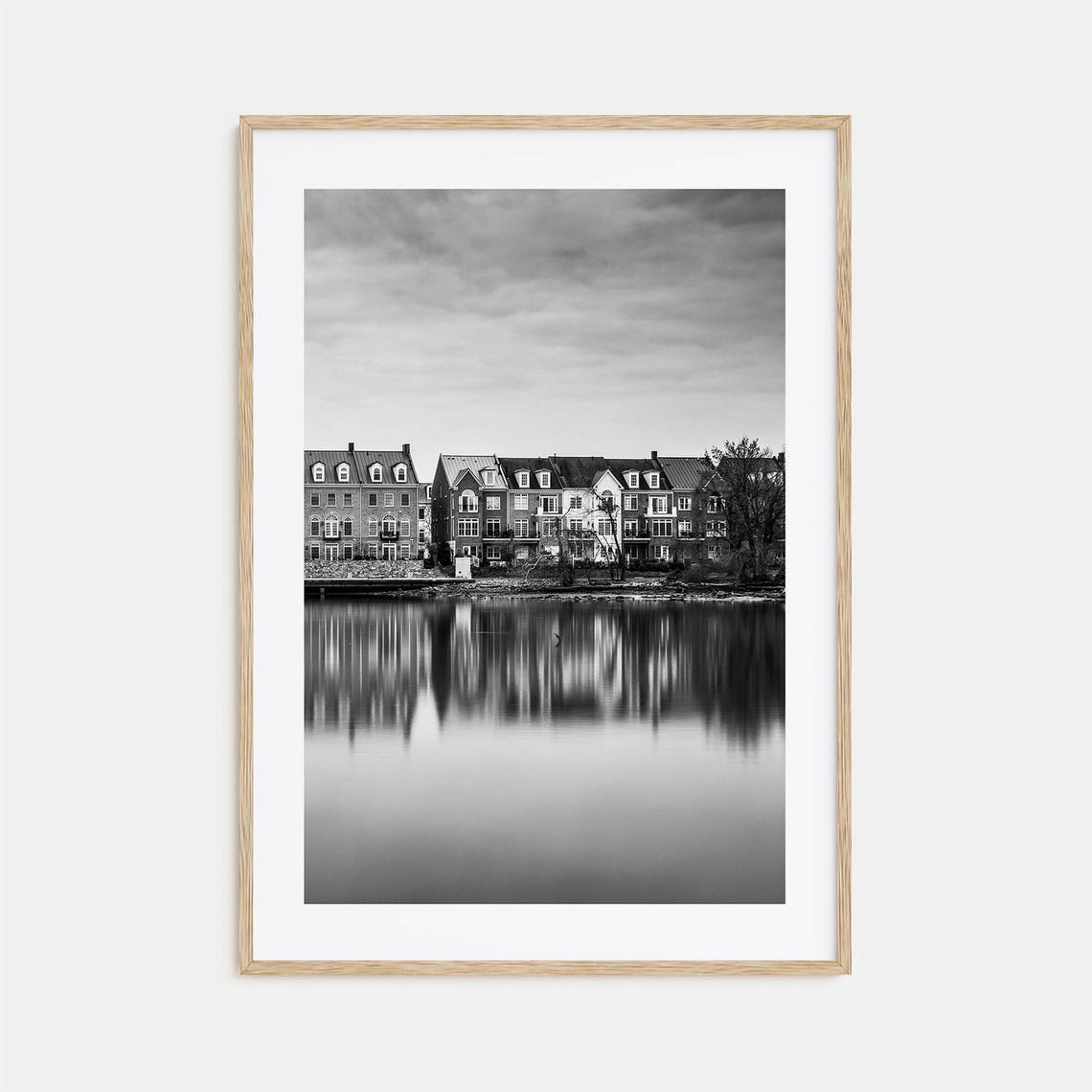 Brick Townhouses River Reflection Calm Water Black White Poster