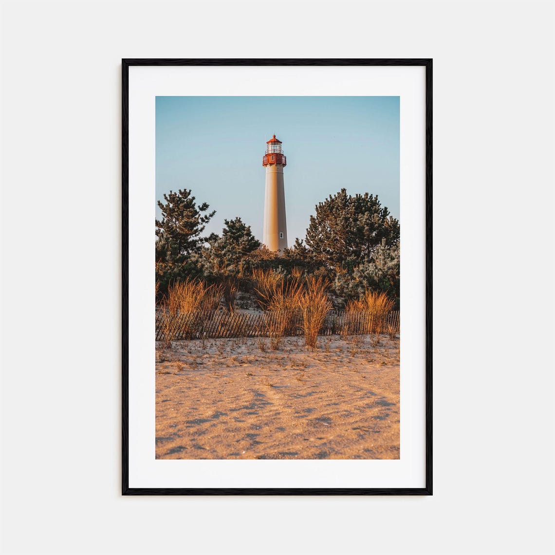 Cape May Lighthouse Over Beach Dunes at Golden Hour Sunset Poster