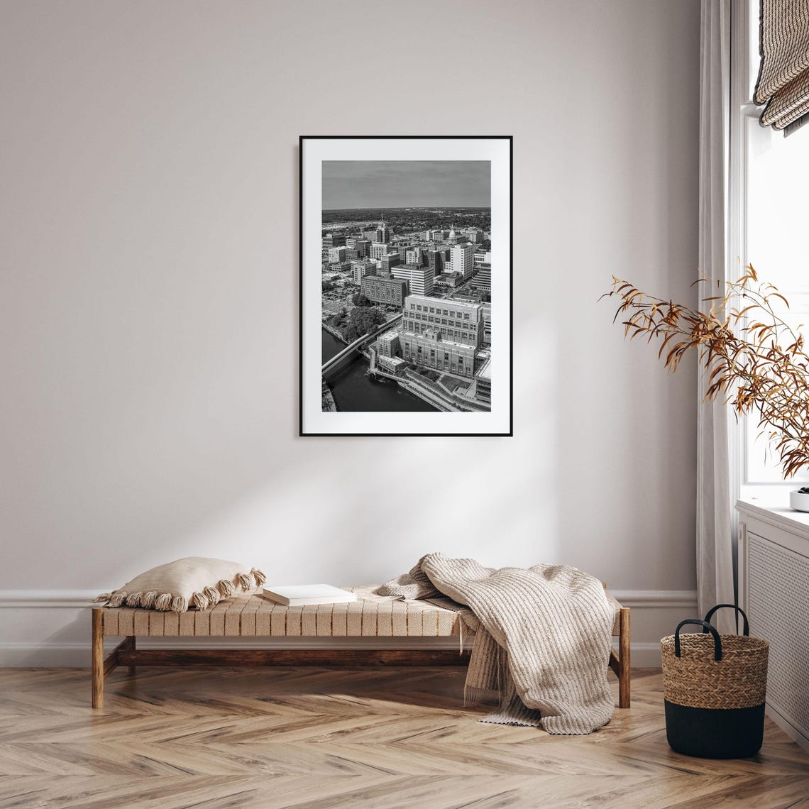 Downtown River Skyline With Domed Capitol Black And White Poster - Image 2
