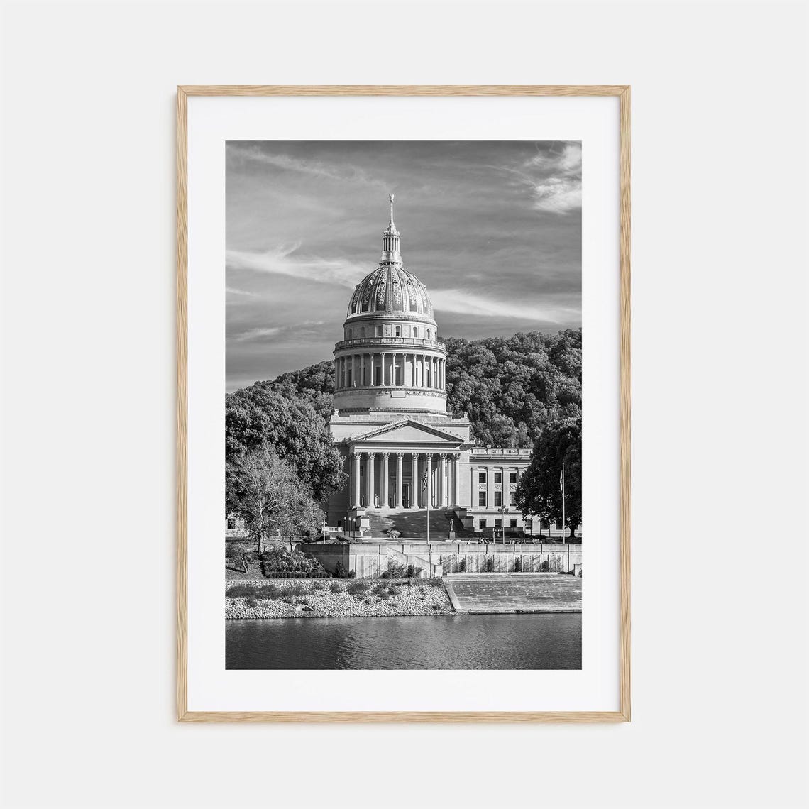 West Virginia State Capitol Dome River Black And White Art Poster