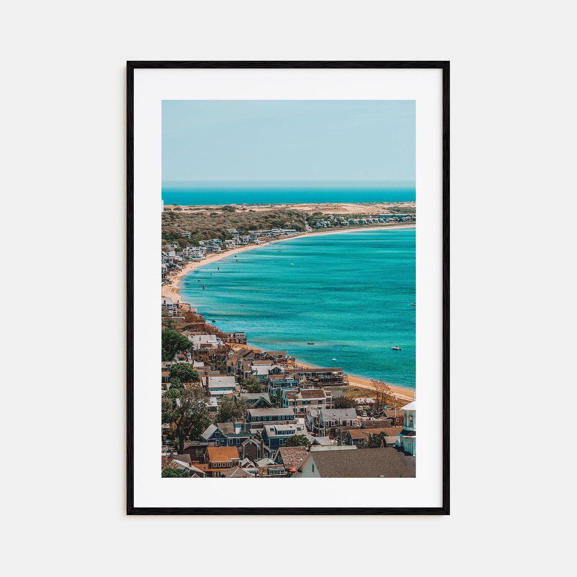 Sunny Coastal Beach Town Curving Turquoise Bay Aerial View Poster