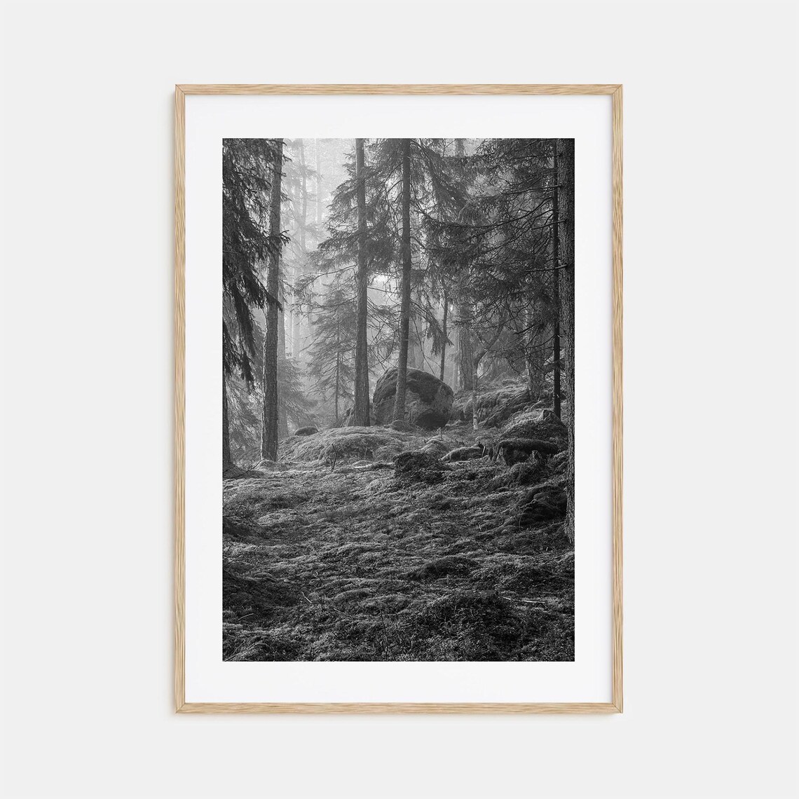 Misty Foggy Pine Forest With Boulders Black And White Poster