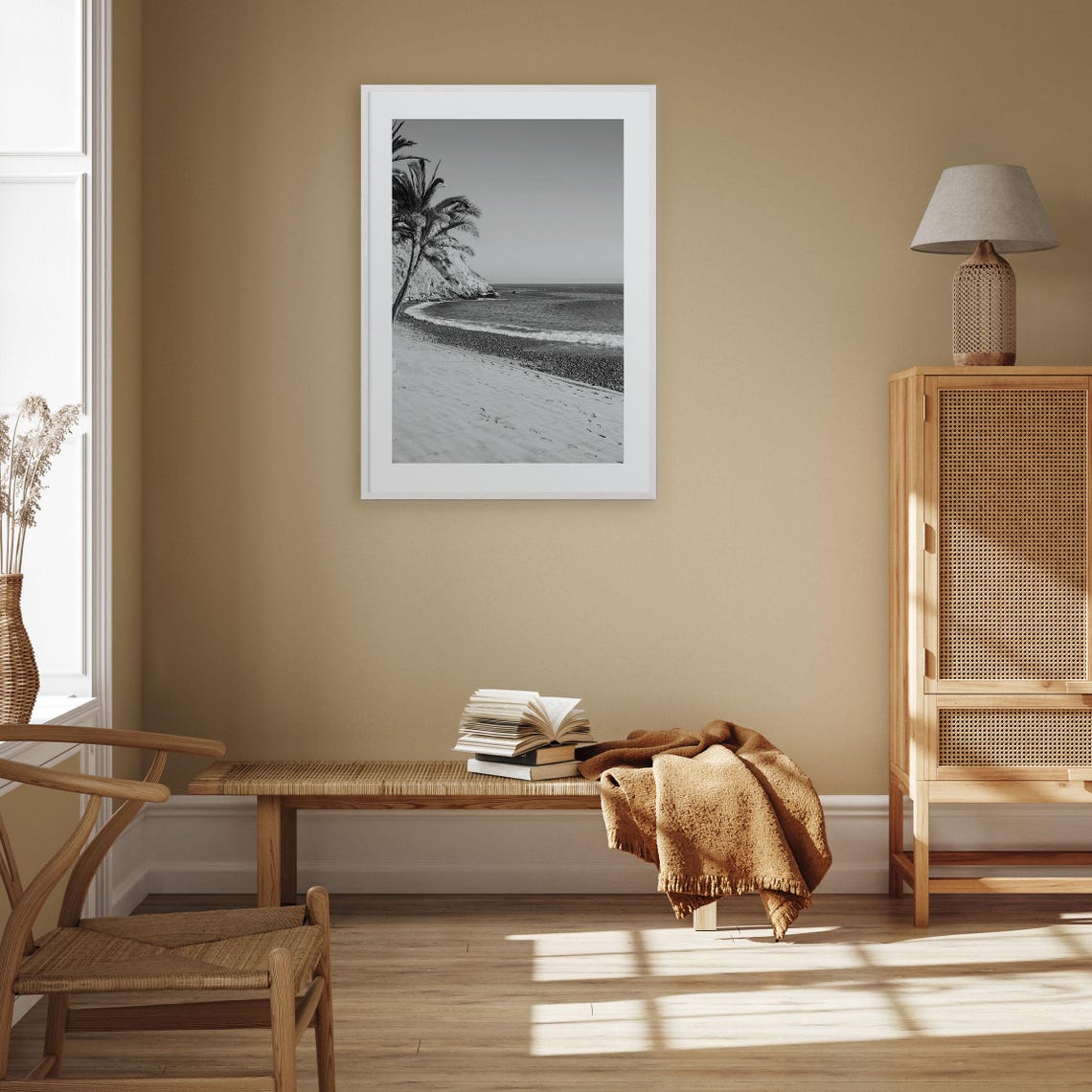 Avalon Beach Palm Trees Ocean Cliffs Black And White Photo Poster - Image 3