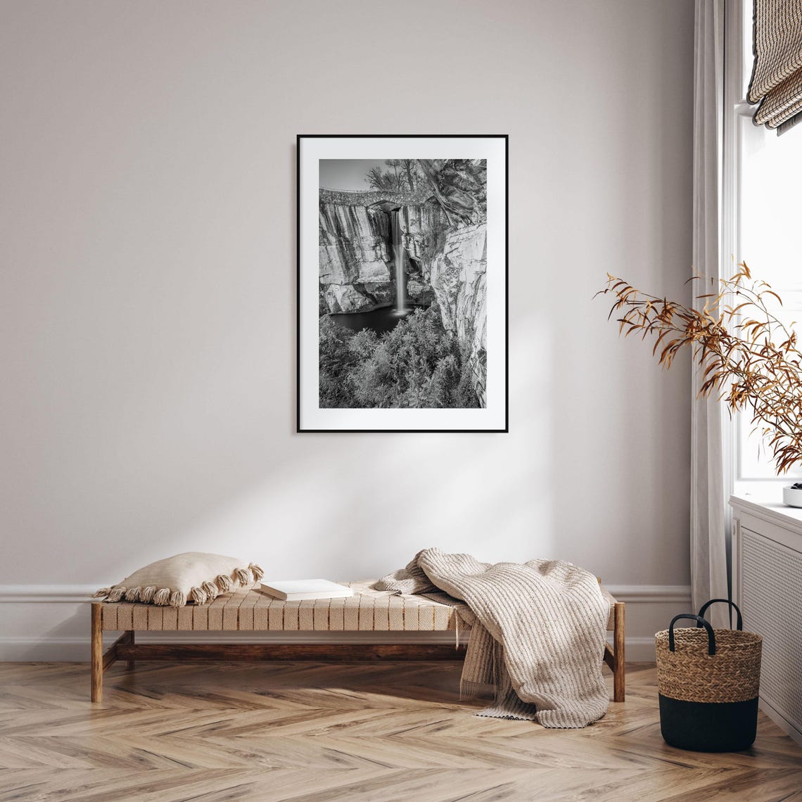 Georgia Black And White Waterfall Under Stone Arch Bridge Poster - Image 2