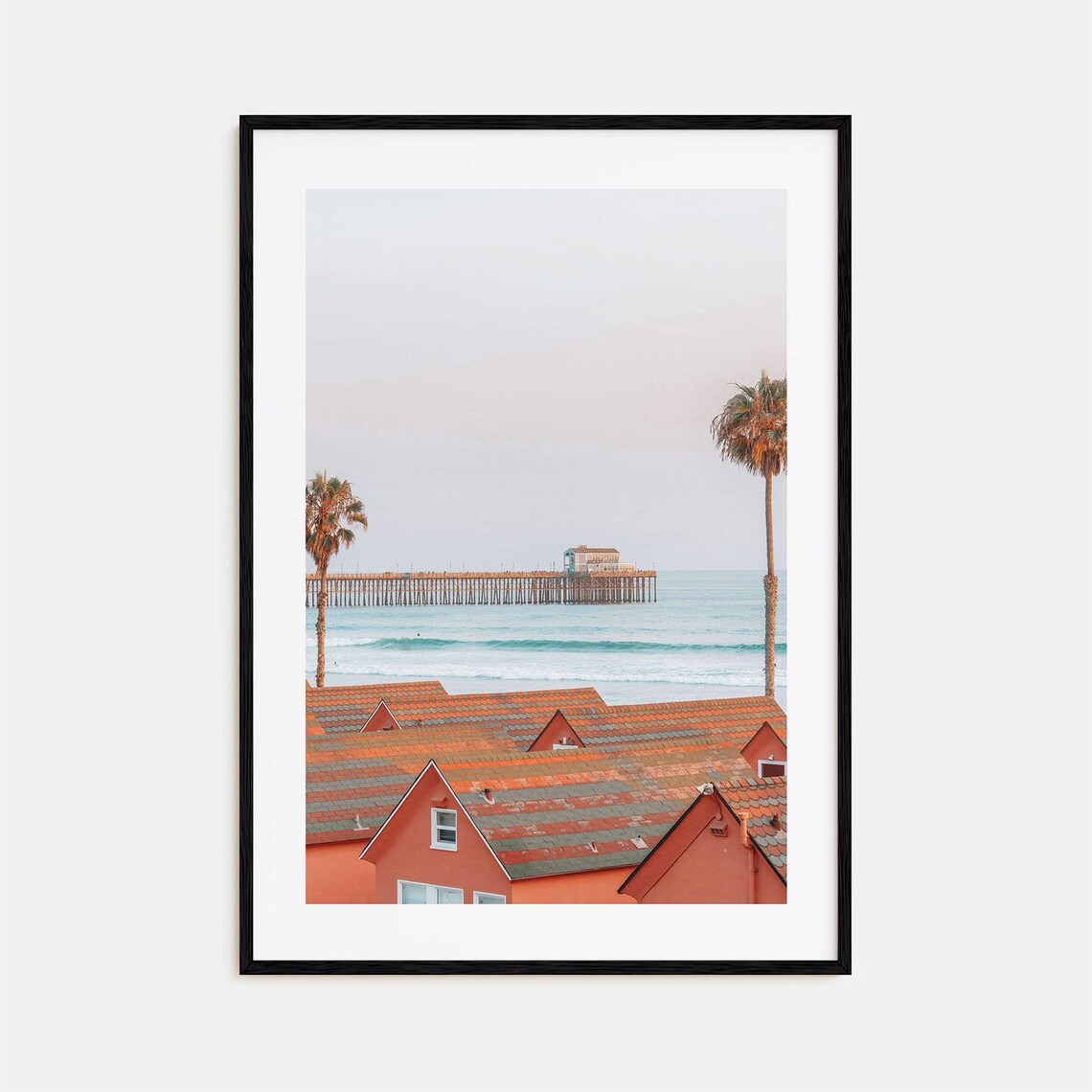 Oceanside Pier Wooden Beach Houses Palm Trees Coastal Poster