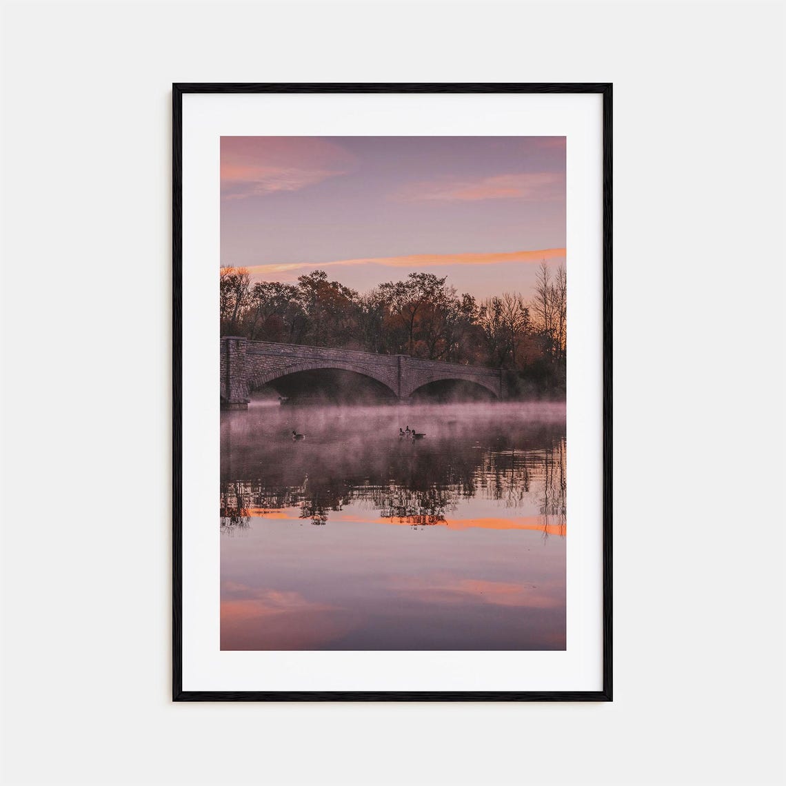 Historic Stone Bridge Over Misty River at Dawn with Geese Print